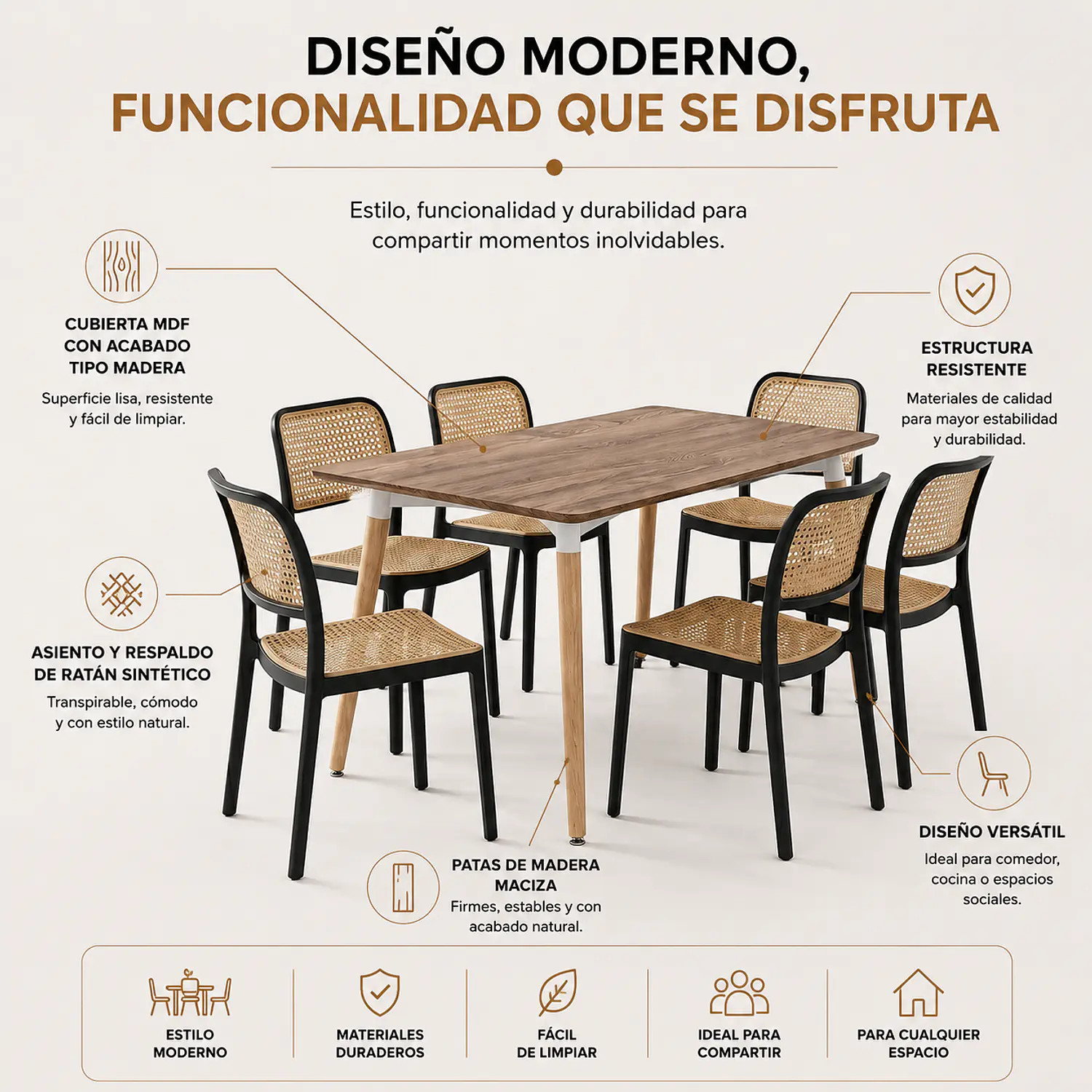 Comedor MDF Laminado con 6 Sillas Negras Estilo Ratán 2