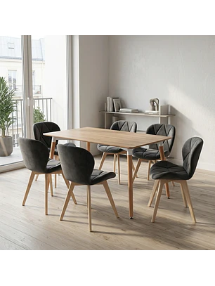 Comedor Eames Rectangular Madera con 6 Sillas Fiori Felpa Negra