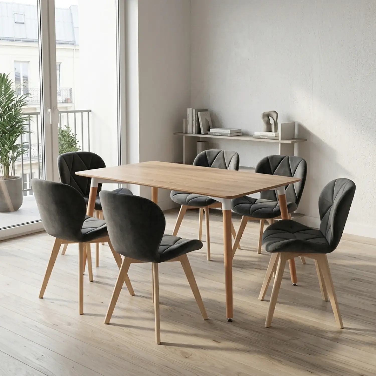Comedor Eames Rectangular Madera con 6 Sillas Fiori Felpa Negra 1