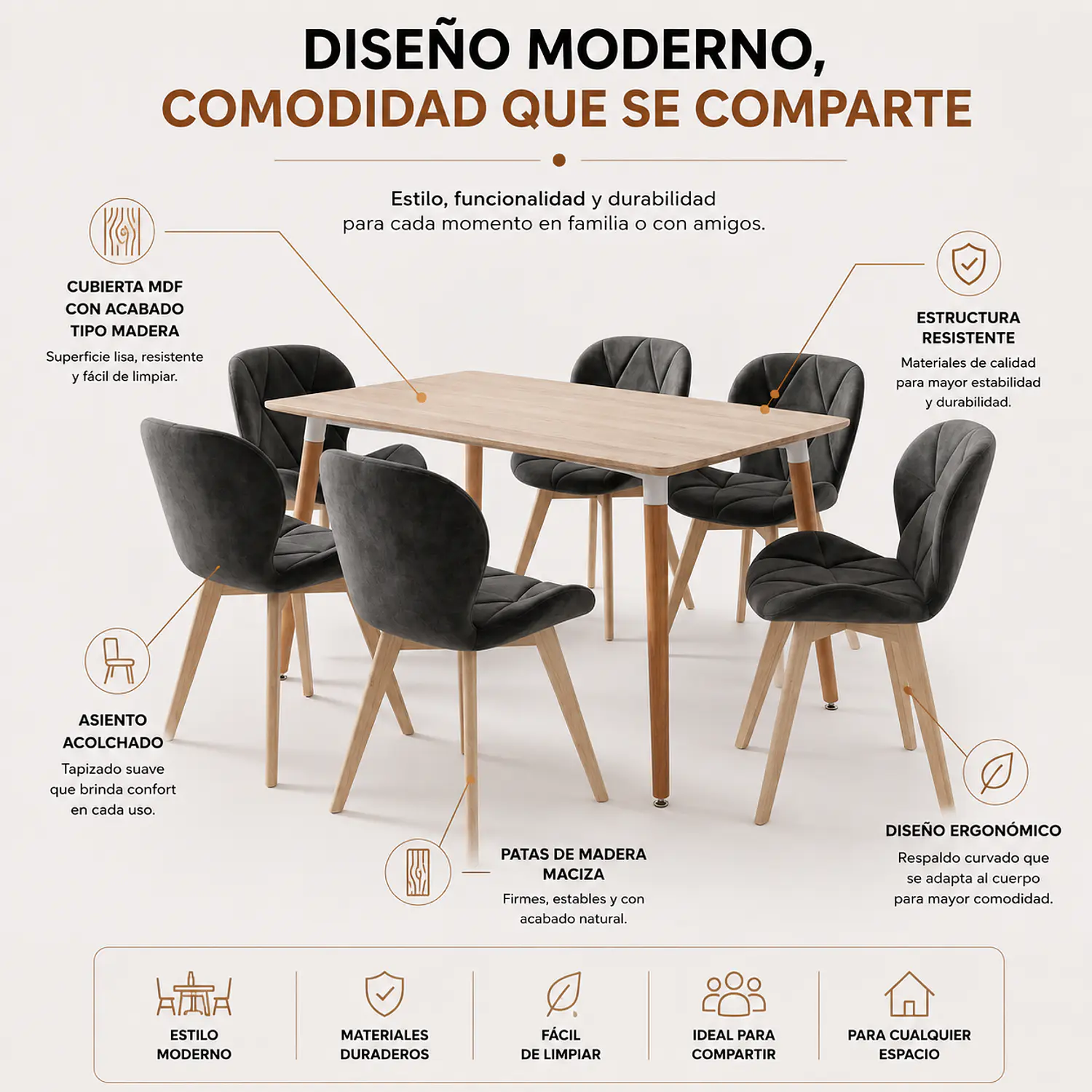 Comedor Eames Rectangular Madera con 6 Sillas Fiori Felpa Negra 3