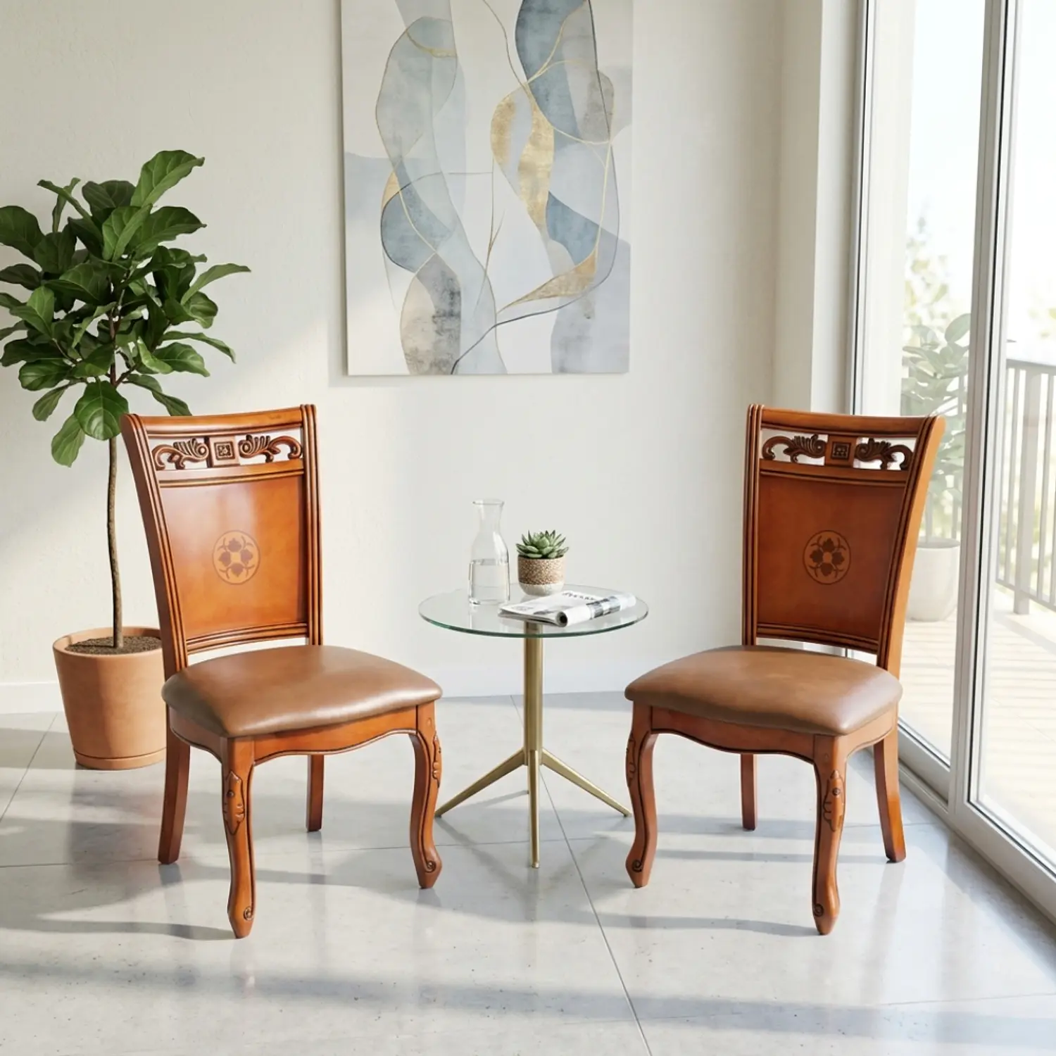Set 2 Sillas de Comedor Caoba Talladas Tapizadas Estilo Clásico Elegante 5