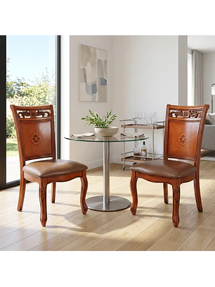 Set 2 Sillas de Comedor Caoba Talladas Tapizadas Estilo Clásico Elegante