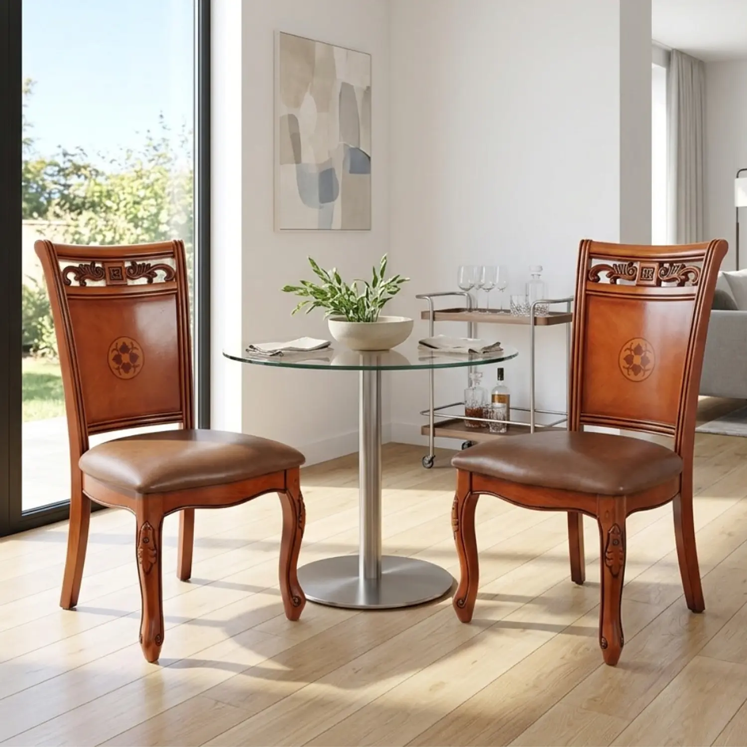 Set 2 Sillas de Comedor Caoba Talladas Tapizadas Estilo Clásico Elegante 1