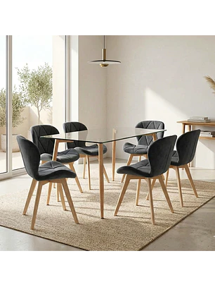 Comedor Vidrio Templado 6 Sillas Fiorin Felpa Negra Moderno