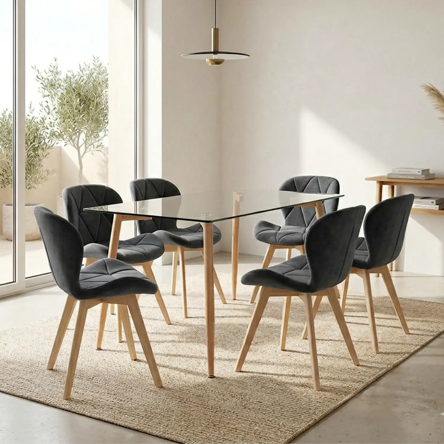 Comedor Vidrio Templado 6 Sillas Fiorin Felpa Negra Moderno 1