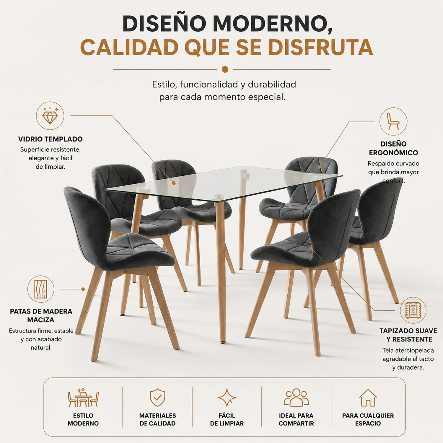 Comedor Vidrio Templado 6 Sillas Fiorin Felpa Negra Moderno 3