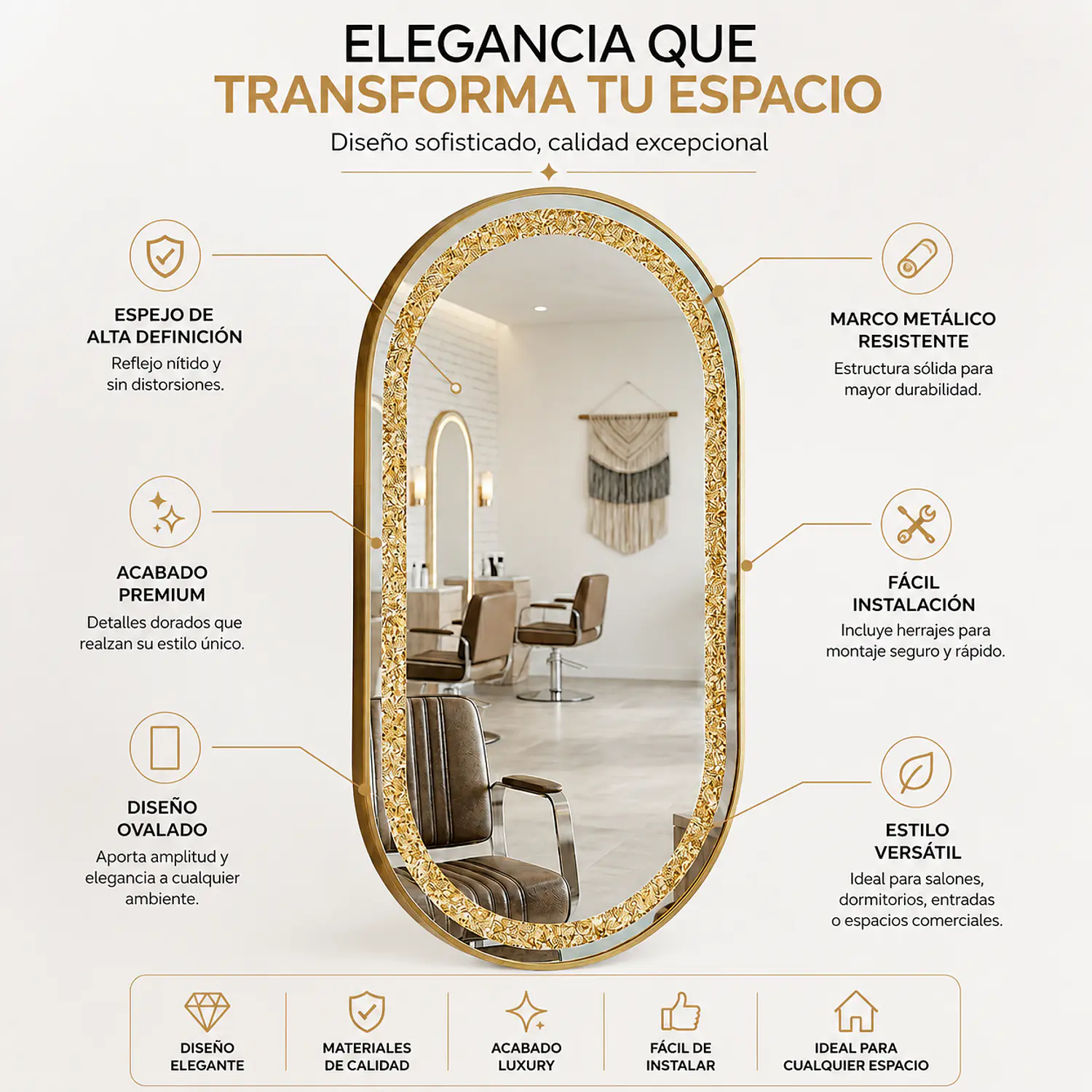 Espejo Ovalado LED Decorativo 170x70 cm con Marco Moderno 2