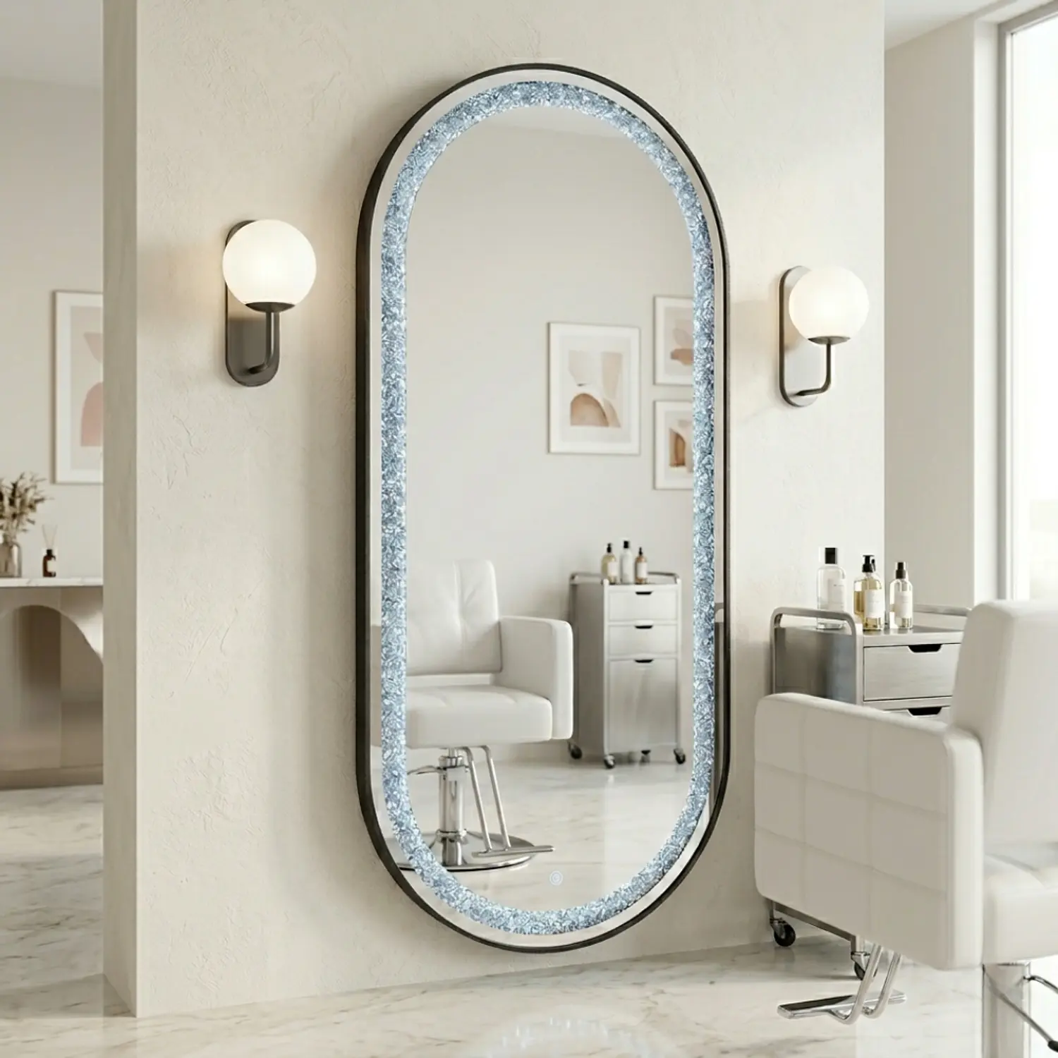 Espejo Ovalado LED Plateado Decorativo 170x70 cm Marco Negro  1