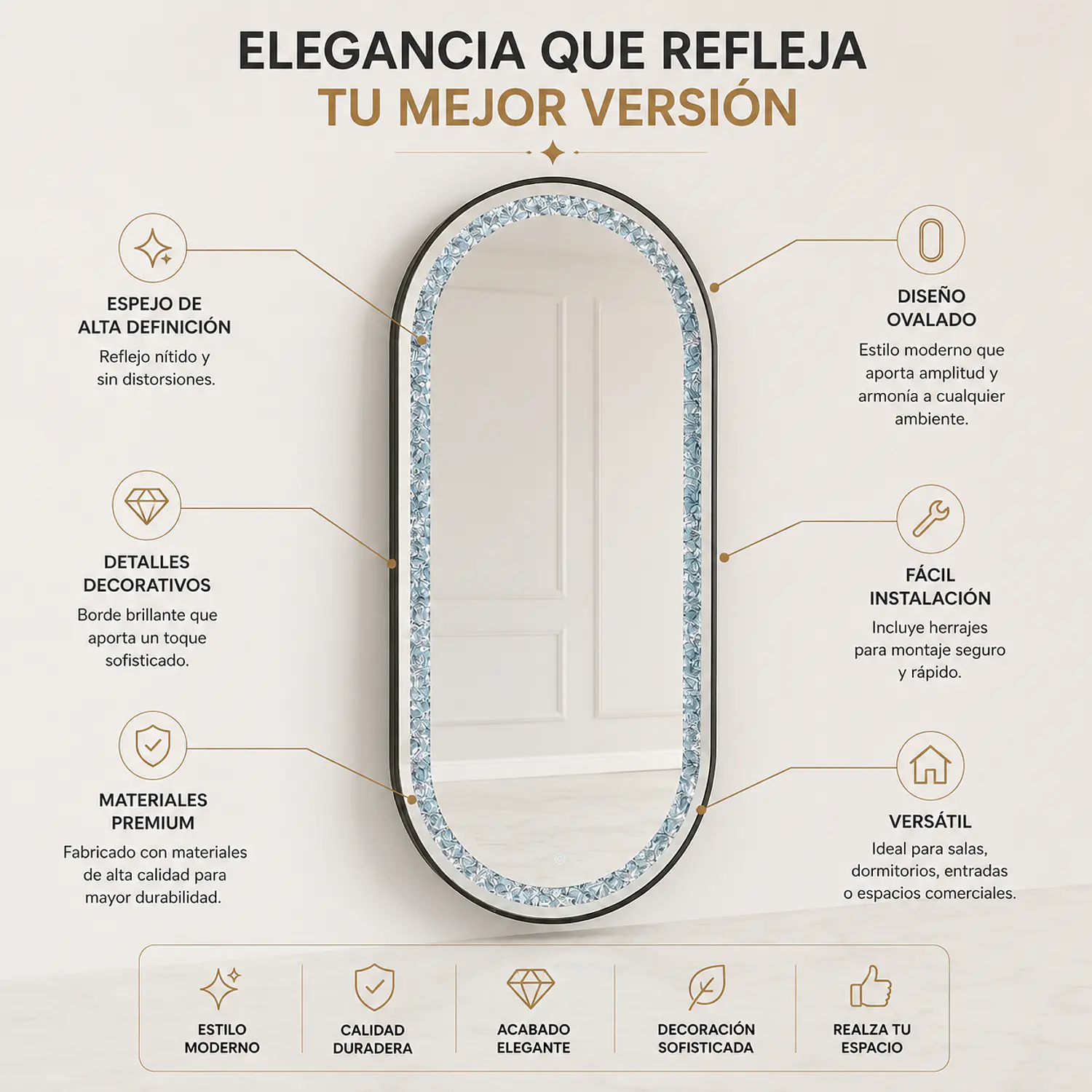 Espejo Ovalado LED Plateado Decorativo 170x70 cm Marco Negro  2