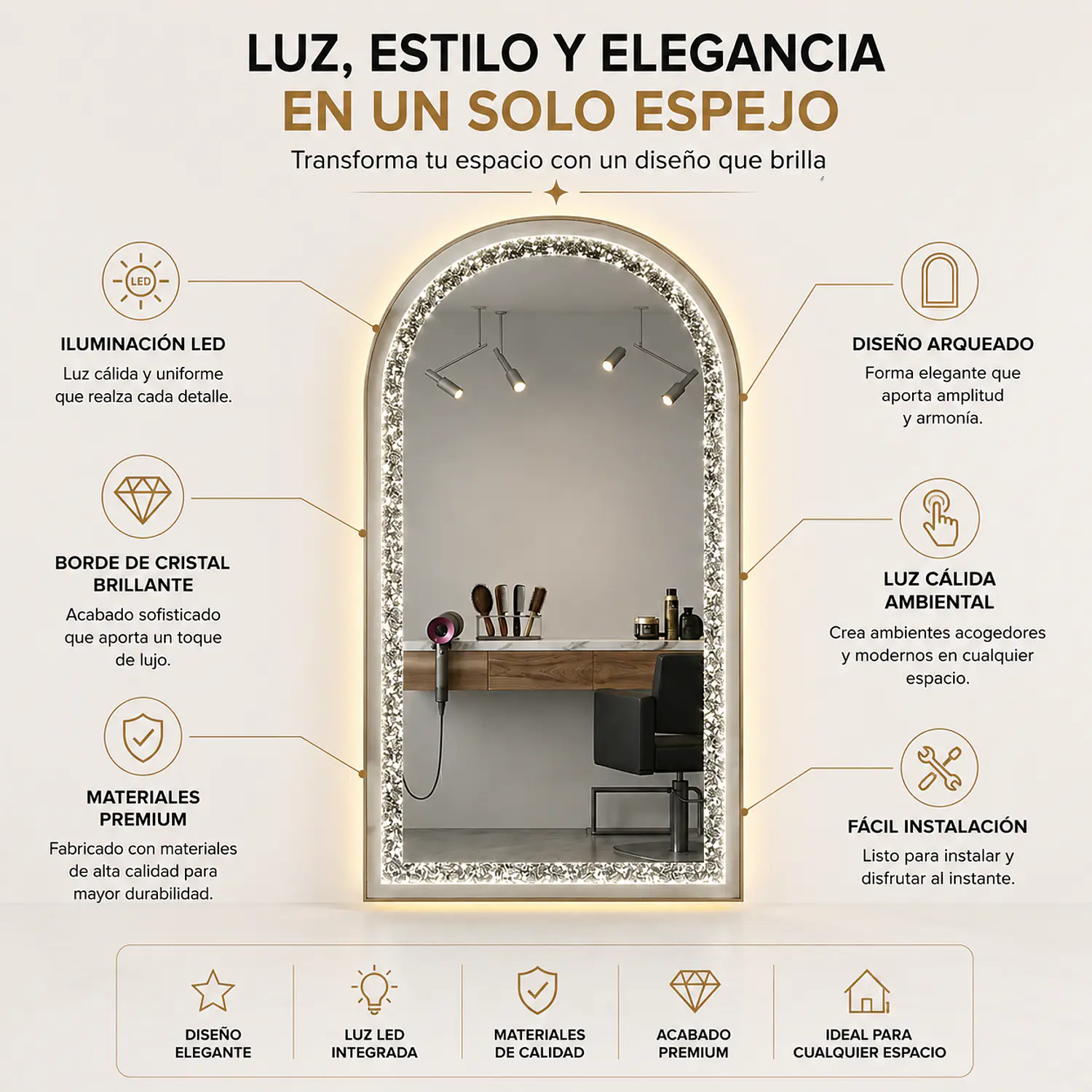 Espejo Decorativo LED de Cuerpo Completo con Pedrería 170x70 cm 2