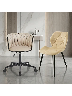 Set 2 Sillas Felpa Beige Diseño Moderno Fija y Giratoria