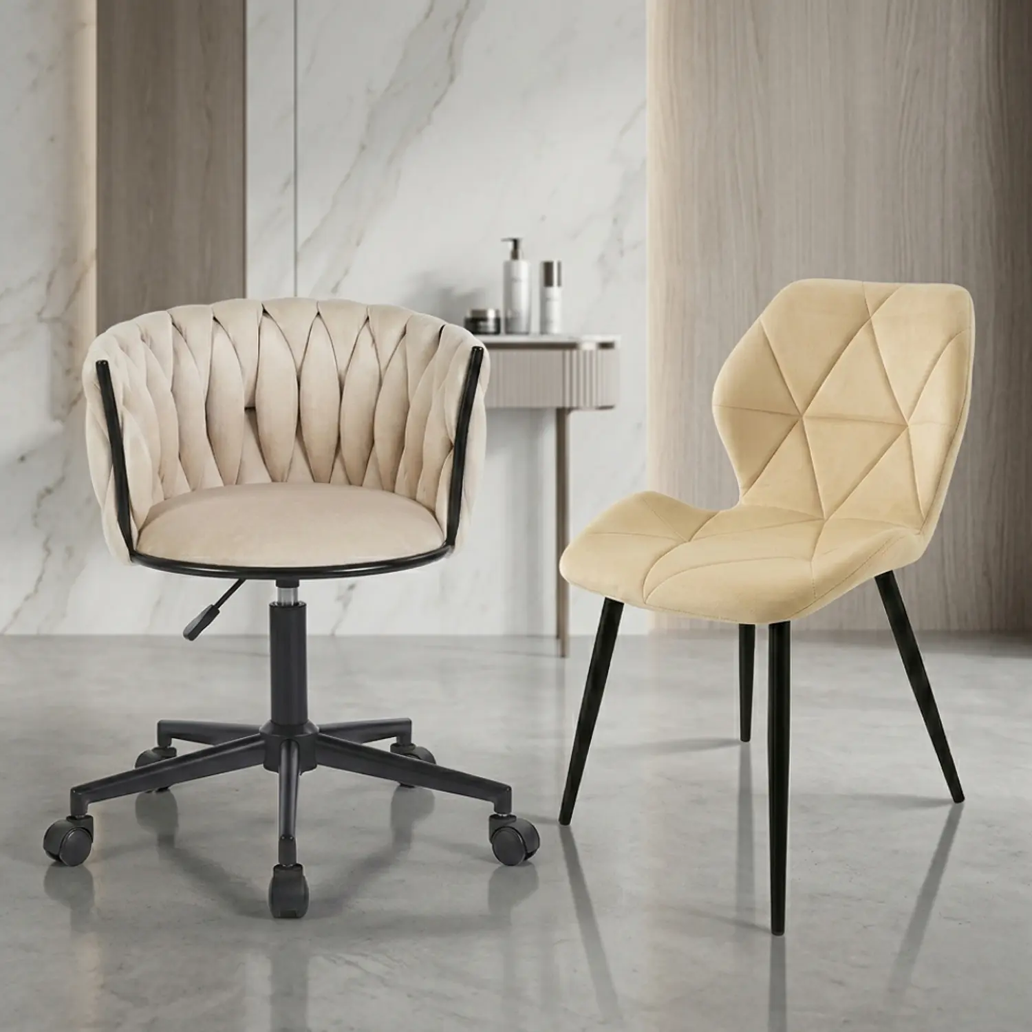Set 2 Sillas Felpa Beige Diseño Moderno Fija y Giratoria 1
