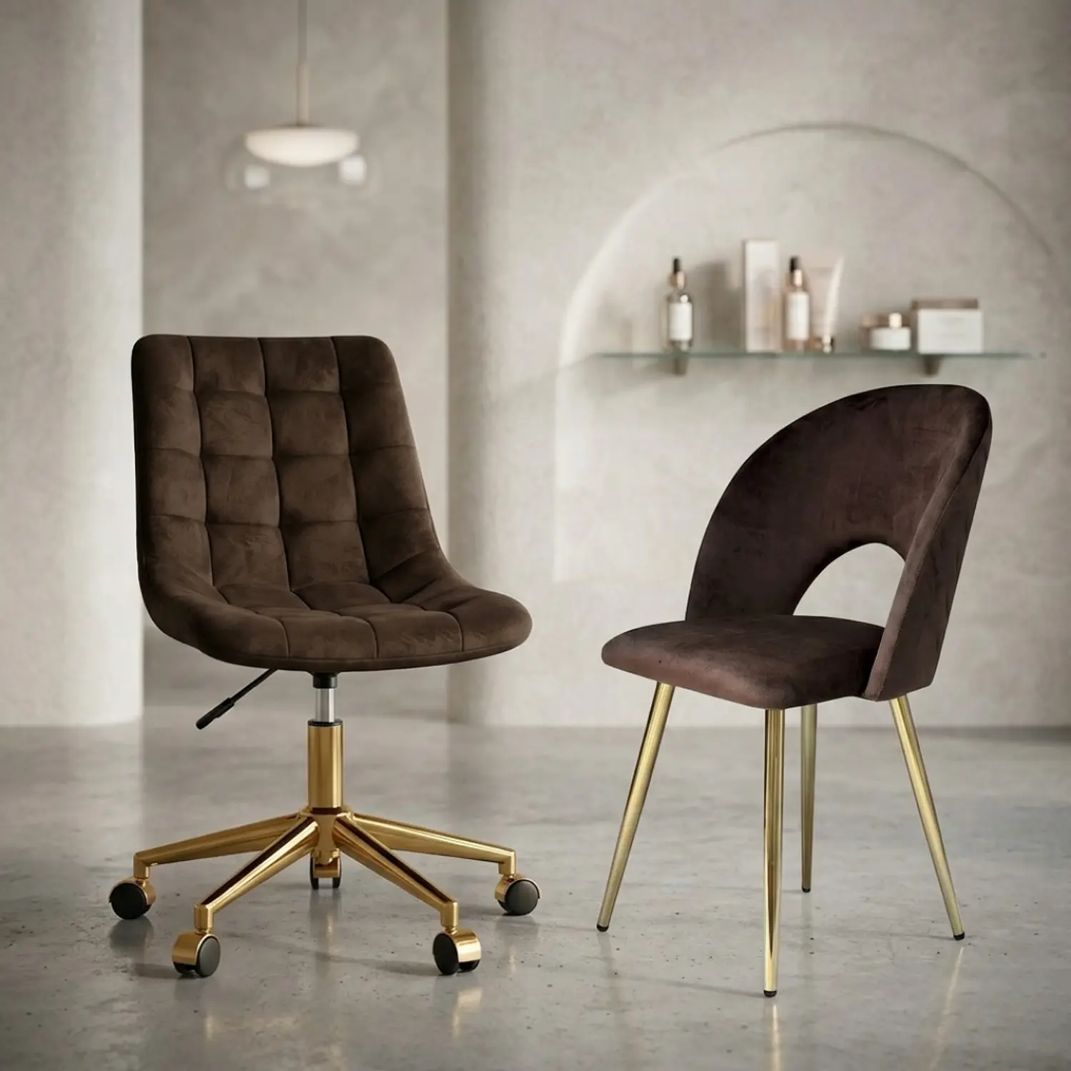 Set 2 Sillas Café Gold Viena y Capitoné con Ruedas Doradas 1
