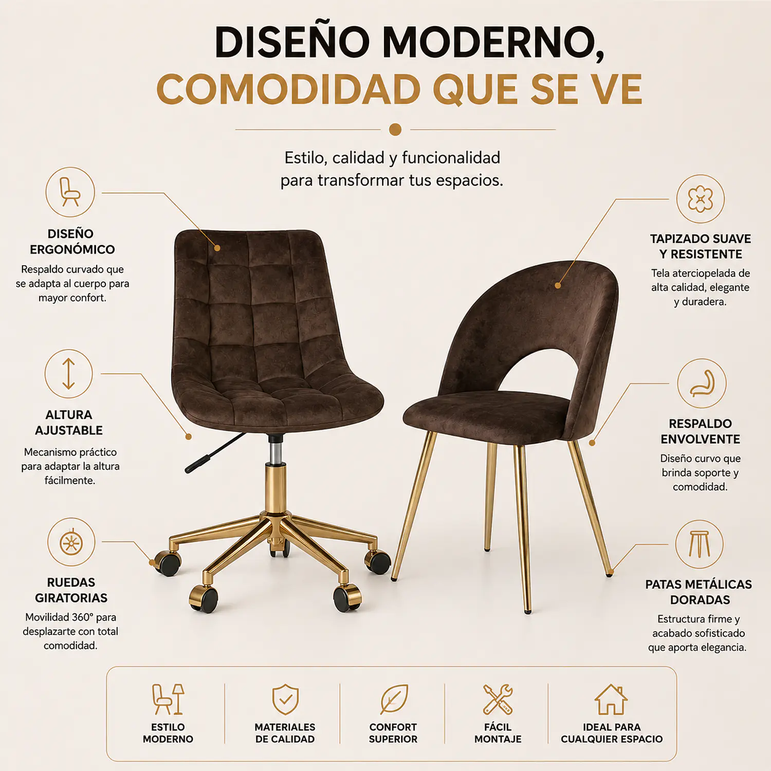 Set 2 Sillas Café Gold Viena y Capitoné con Ruedas Doradas 2