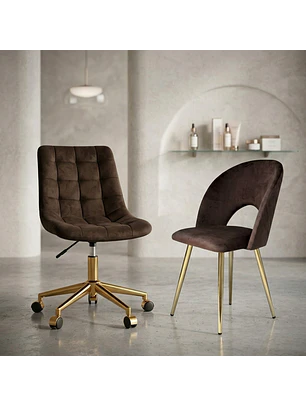 Set 2 Sillas Capitoné Café Felpa Gold y Madera Modernas