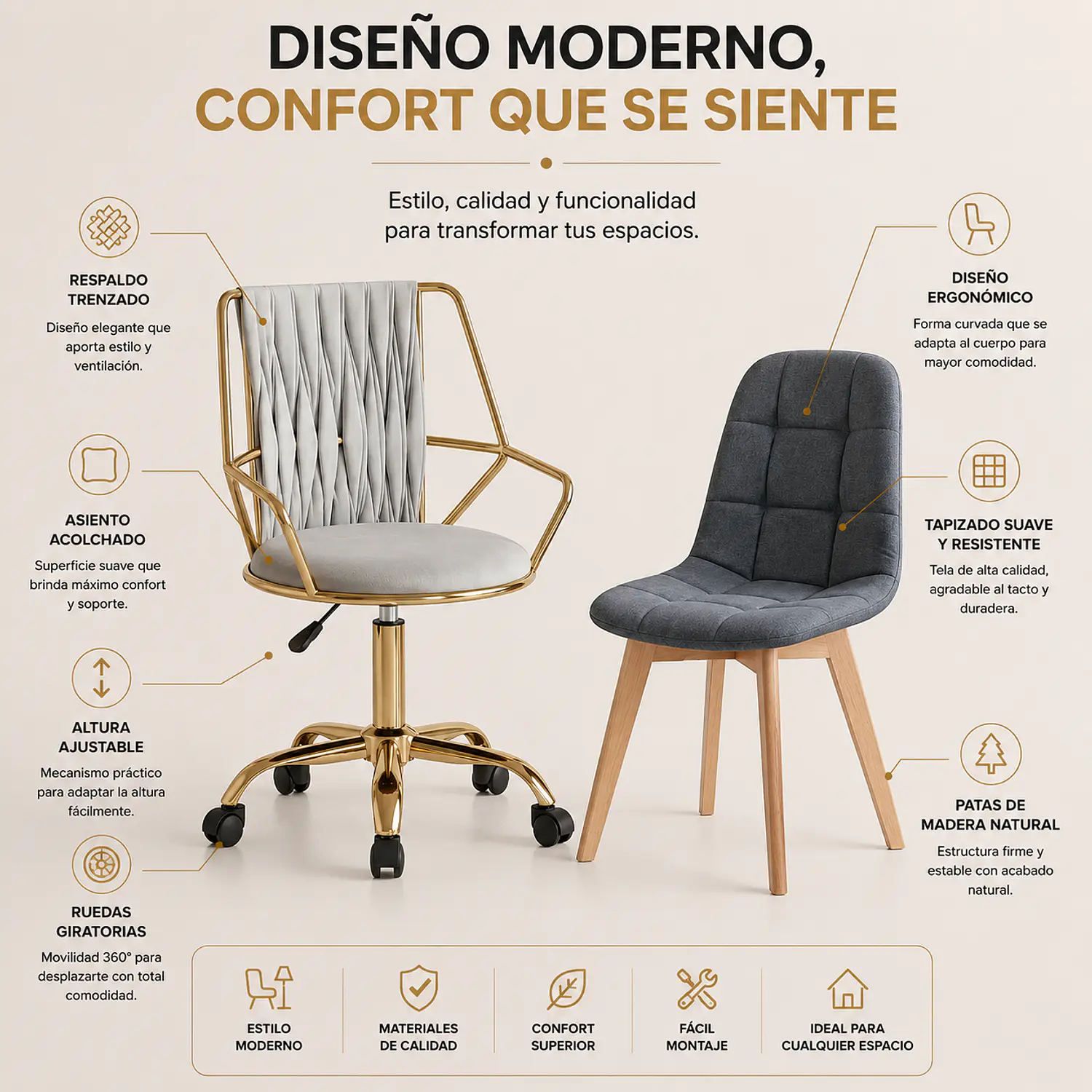 Set 2 Sillas Modernas Giratoria Felpa Gris y Capitoné Lino  2