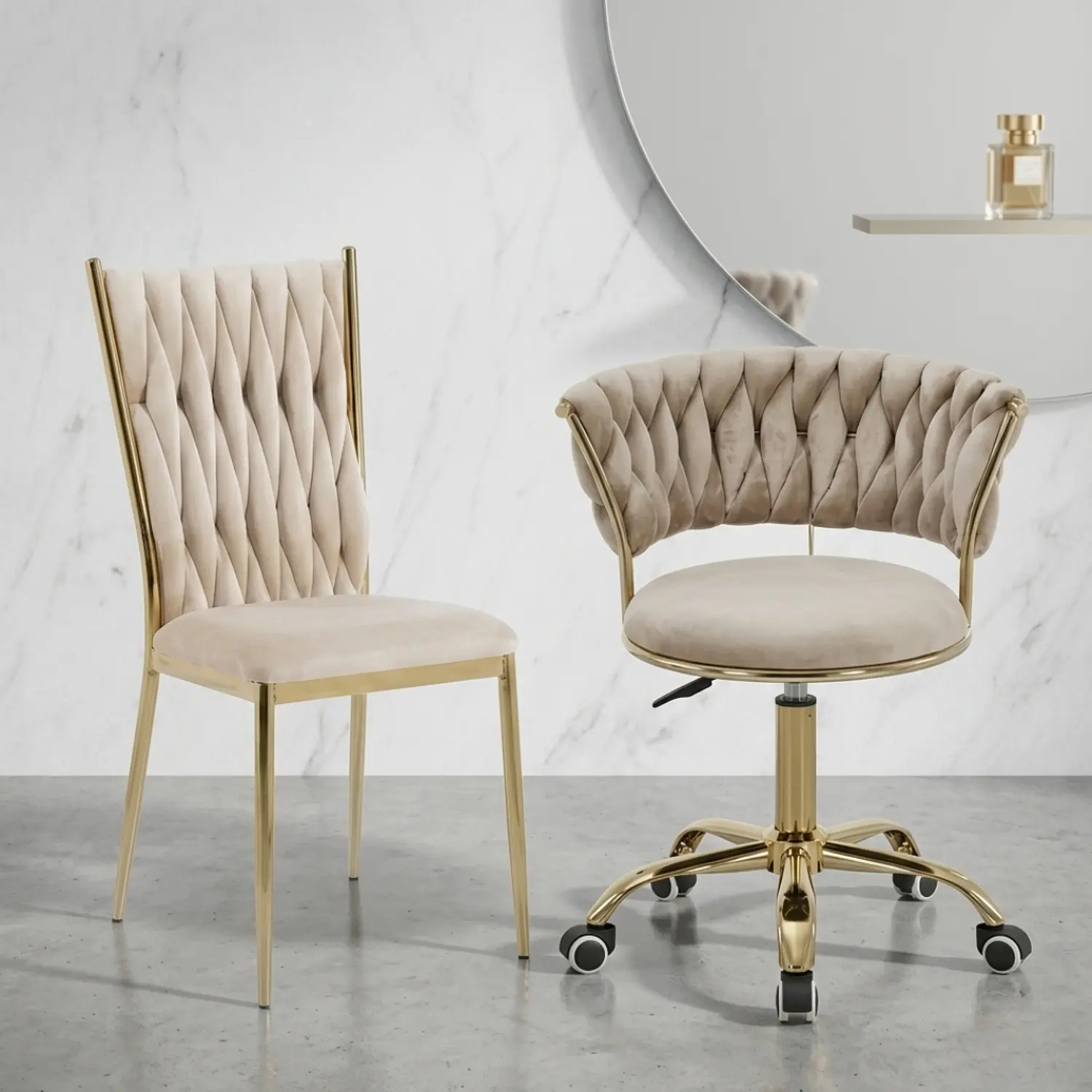 Set Silla Giratoria Velvet Dorada y Silla King Velvet Dorada Premium 1
