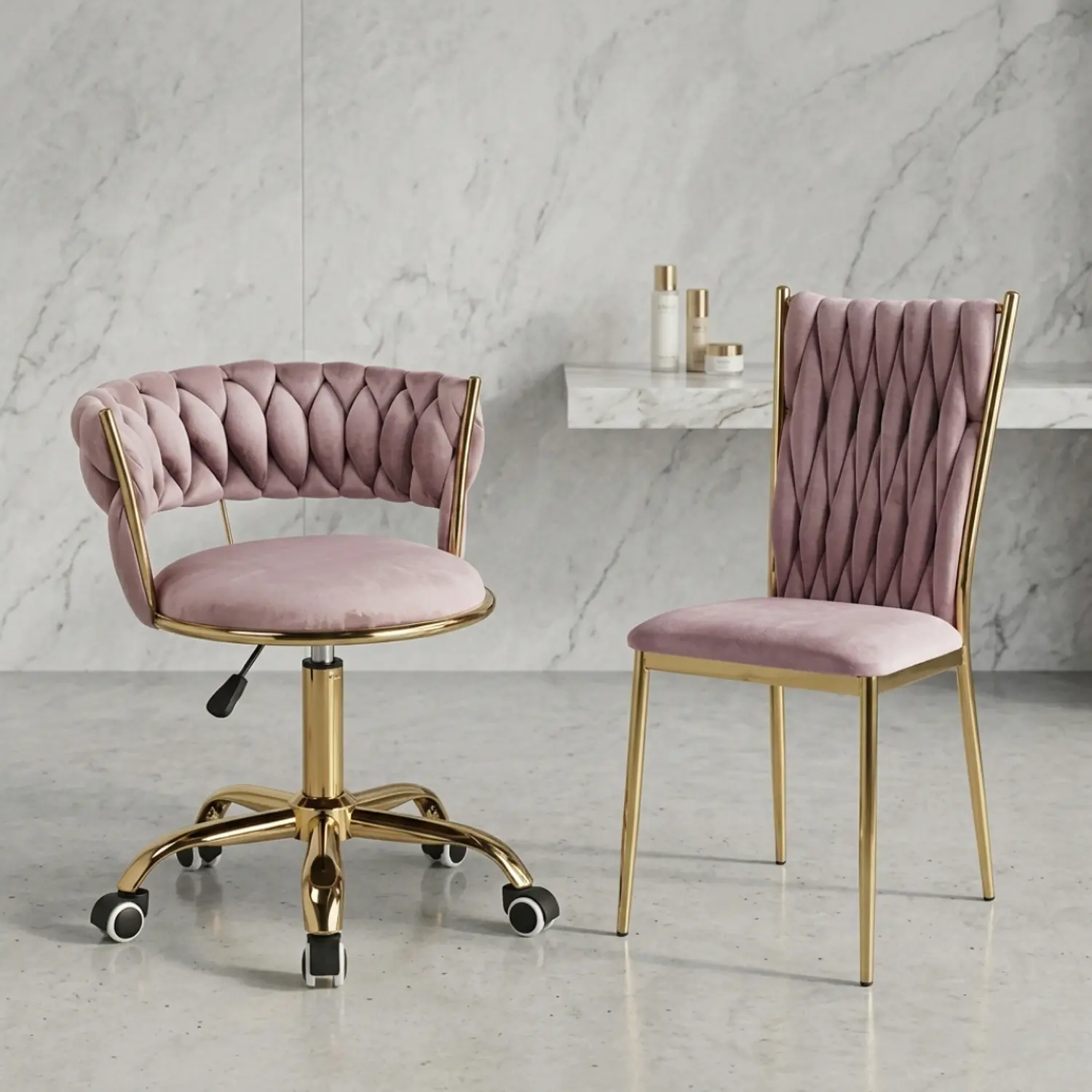 Set Silla Giratoria Velvet Dorada y Silla King Velvet Dorada Premium 4