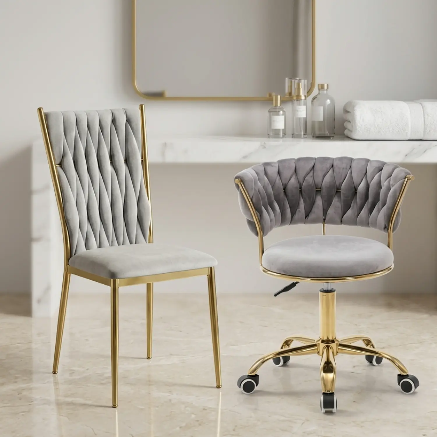 Set Silla Giratoria Velvet Dorada y Silla King Velvet Dorada Premium 6