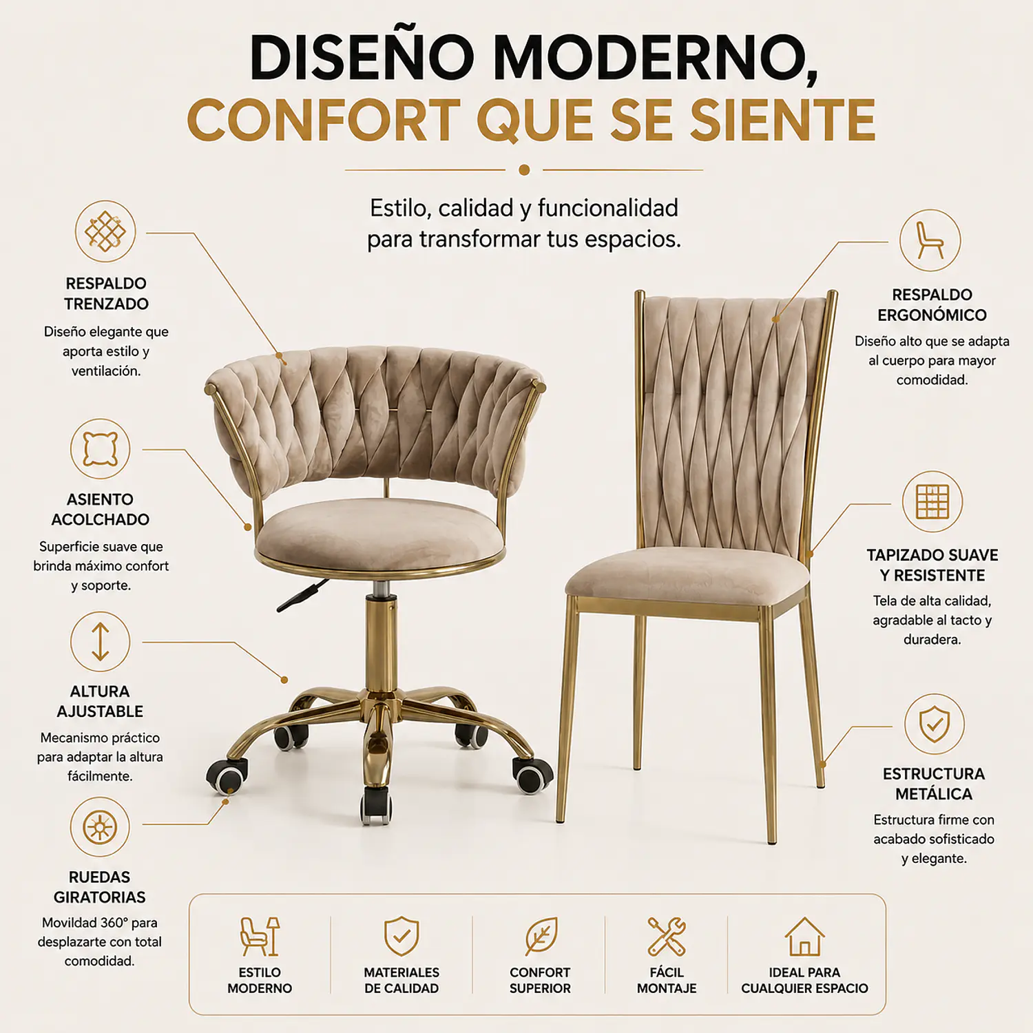 Set Silla Giratoria Velvet Dorada y Silla King Velvet Dorada Premium 2