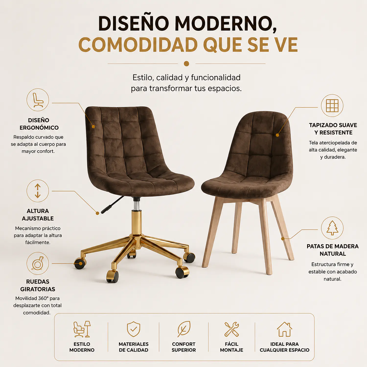 Set 2 Sillas Capitoné Café Felpa Gold y Madera Modernas  2