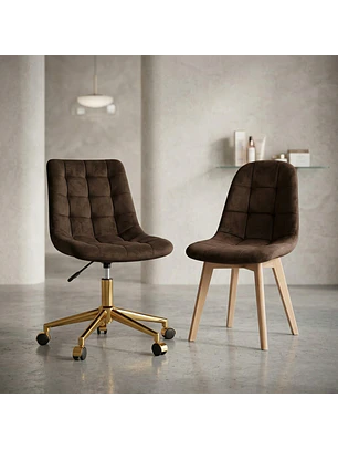 Set 2 Sillas Capitoné Café Felpa Gold y Madera Modernas 