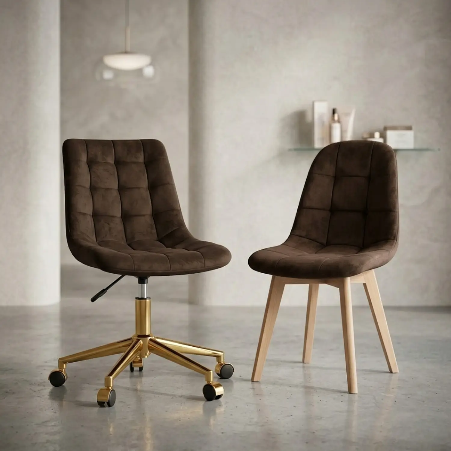 Set 2 Sillas Capitoné Café Felpa Gold y Madera Modernas  1