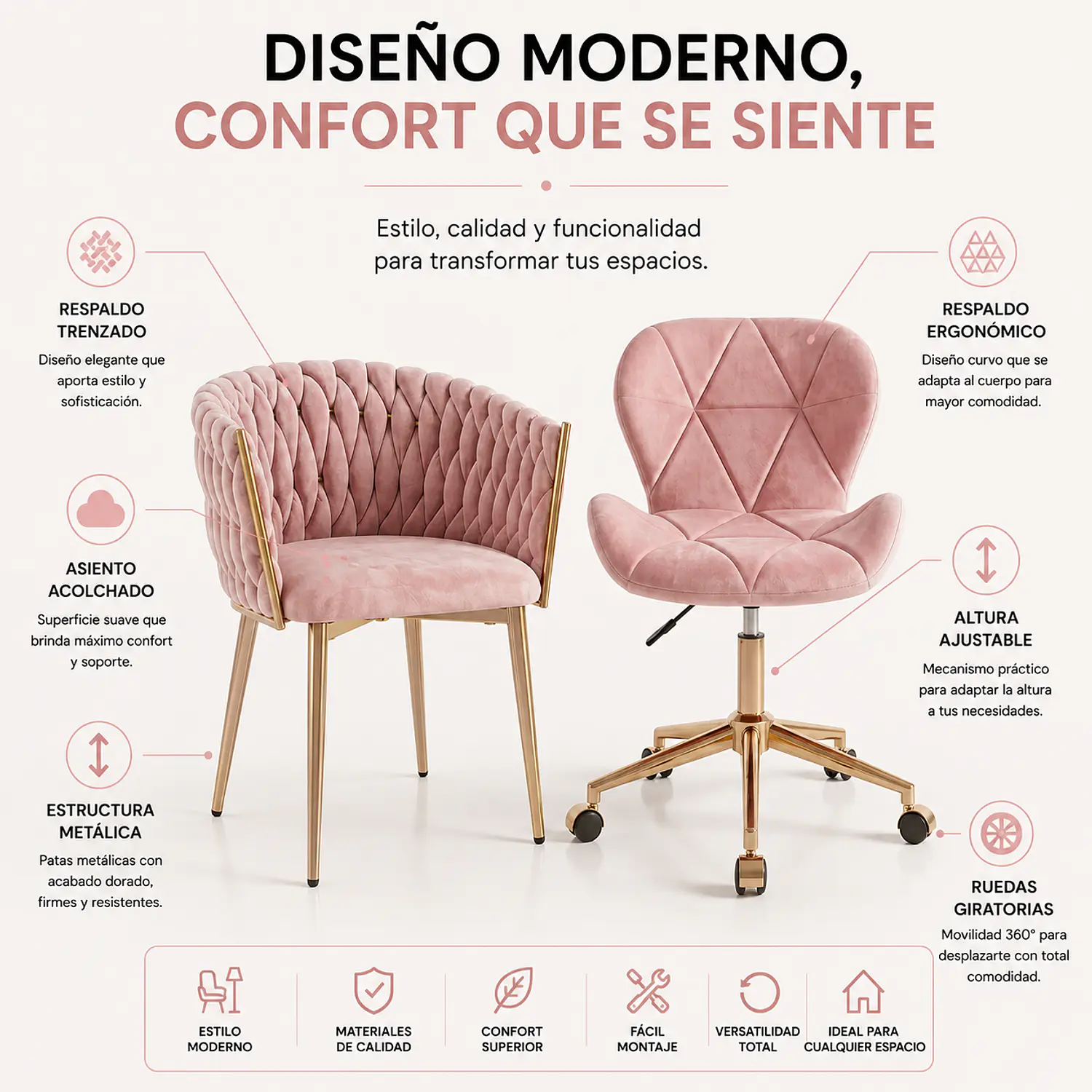 Set 2 Sillas Felpa Doradas Fiori Radar y Queen Curvo Premium 2