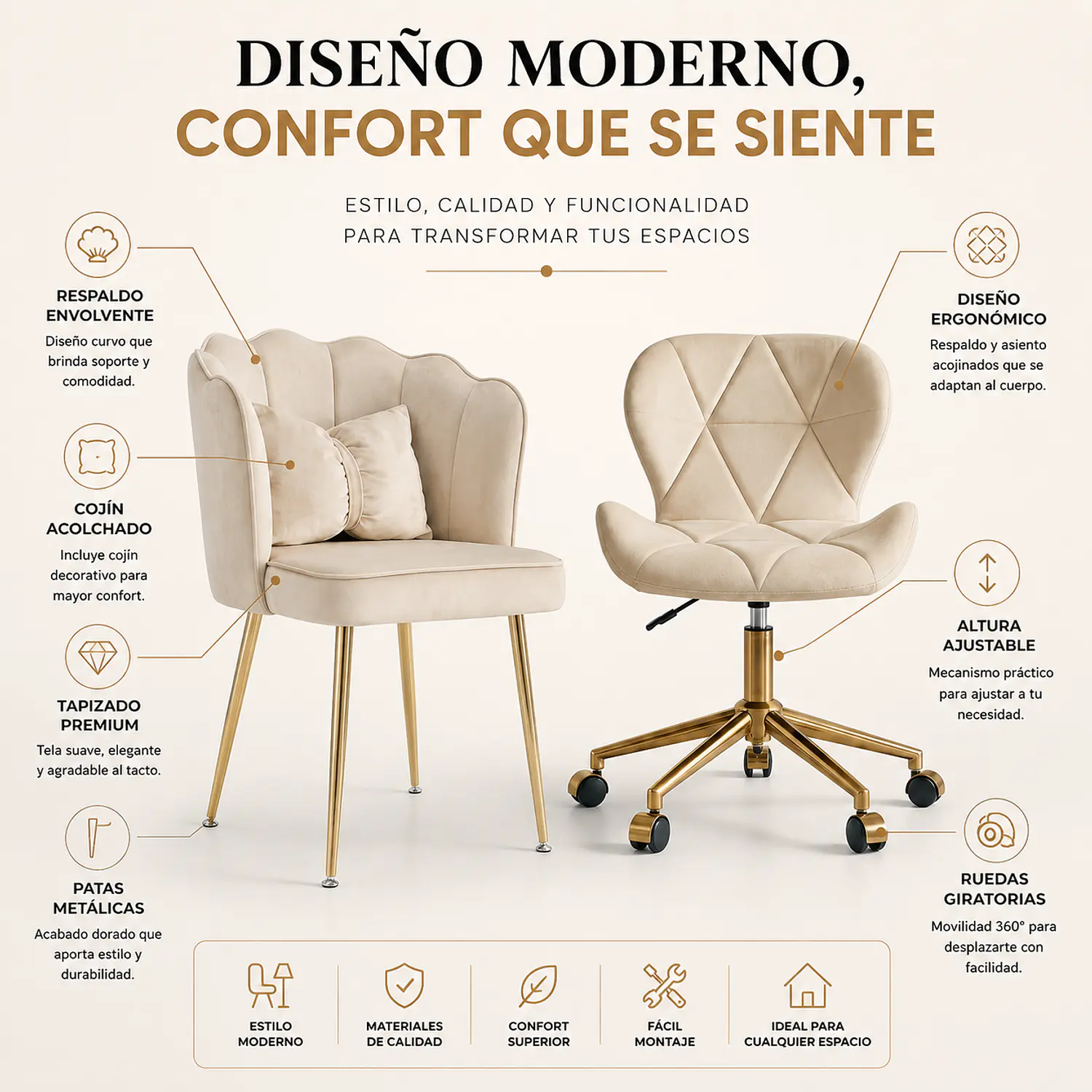 Set 2 Sillas de Felpa Doradas Fiori Radar y Shell Modernas 2