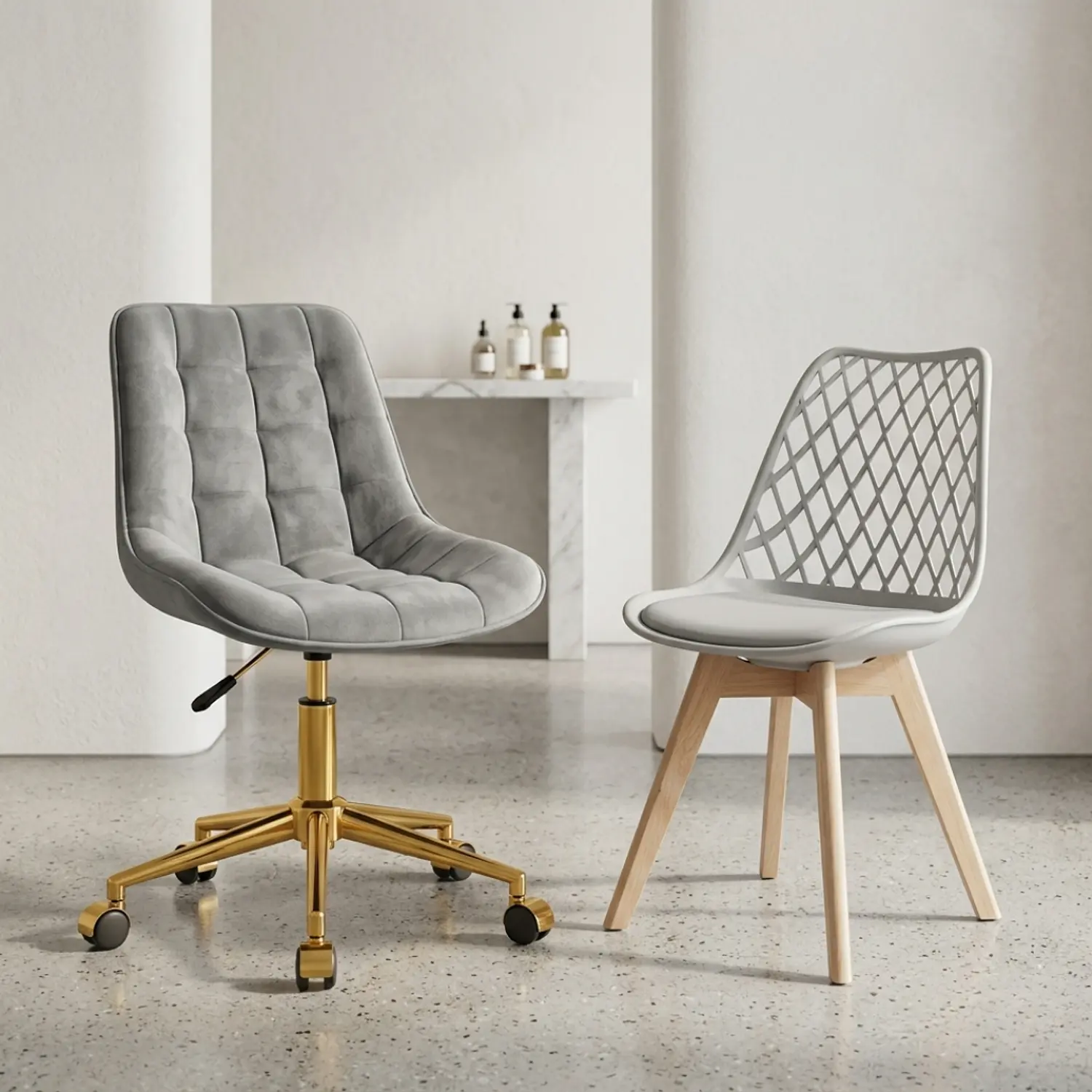 Set 2 Sillas Grises Capitoné Gold y Tulip Eco Cuero Patas de Madera 1