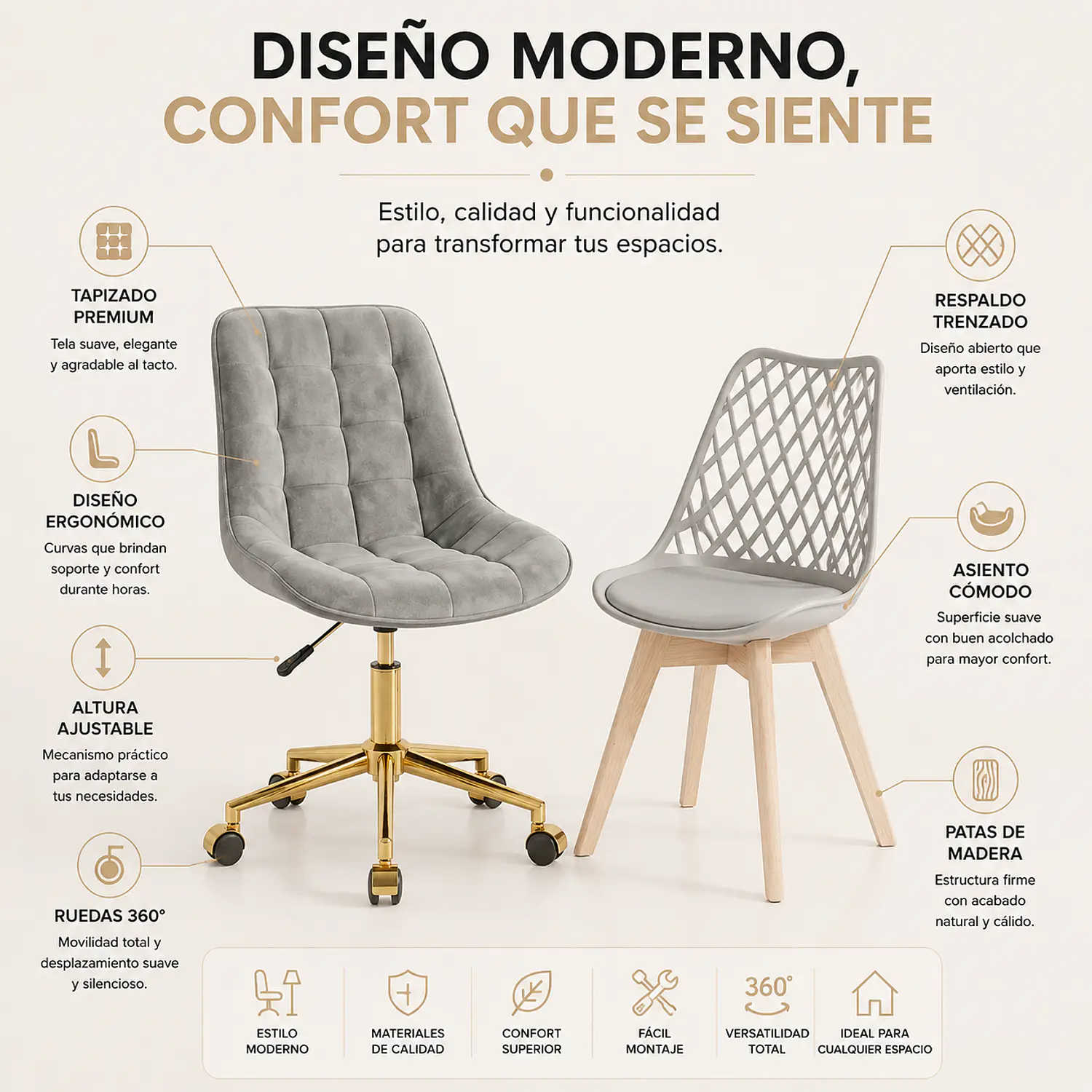 Set 2 Sillas Grises Capitoné Gold y Tulip Eco Cuero Patas de Madera 2