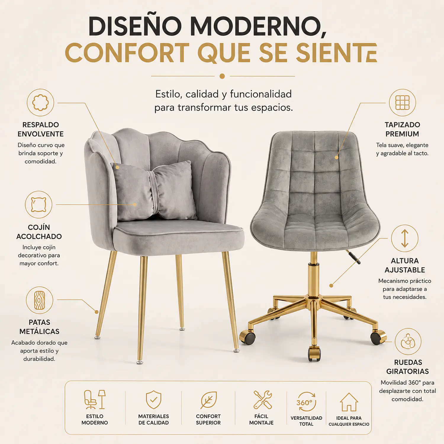 Set 2 Sillas Aura Shell Velvet Gris y Silla Giratoria Dorada 2