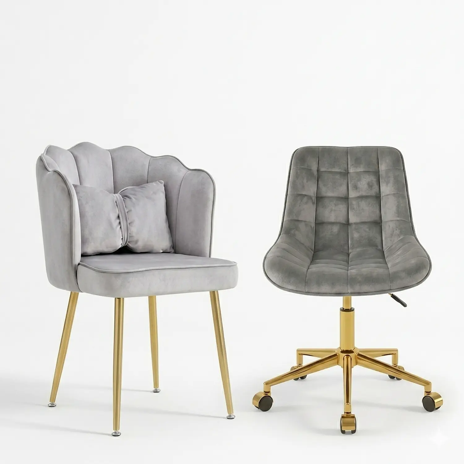 Set 2 Sillas Aura Shell Velvet Gris y Silla Giratoria Dorada 3