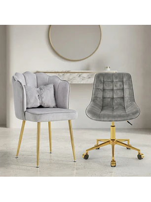Set 2 Sillas Aura Shell Velvet Gris y Silla Giratoria Dorada