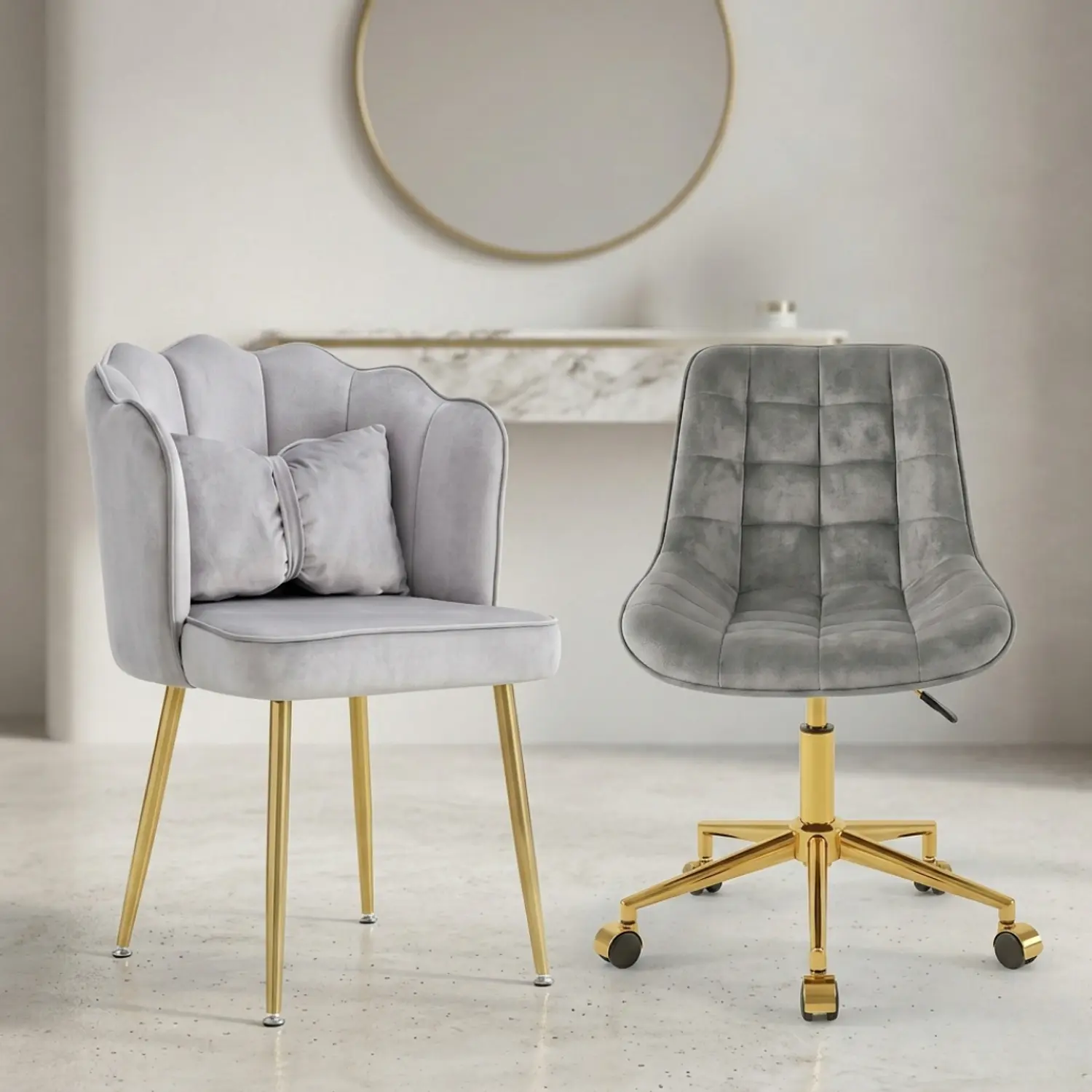 Set 2 Sillas Aura Shell Velvet Gris y Silla Giratoria Dorada 1
