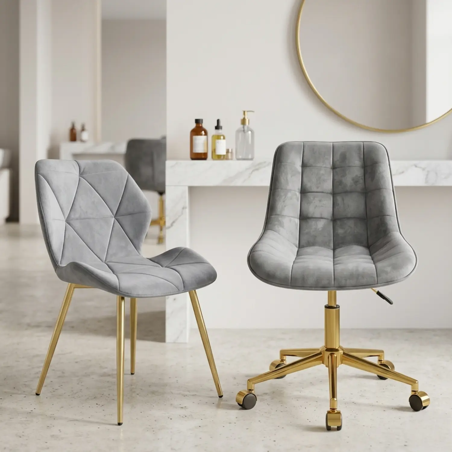 Set 2 Sillas Gold Gris Capitoné y Fiori Dorada Moderna 1