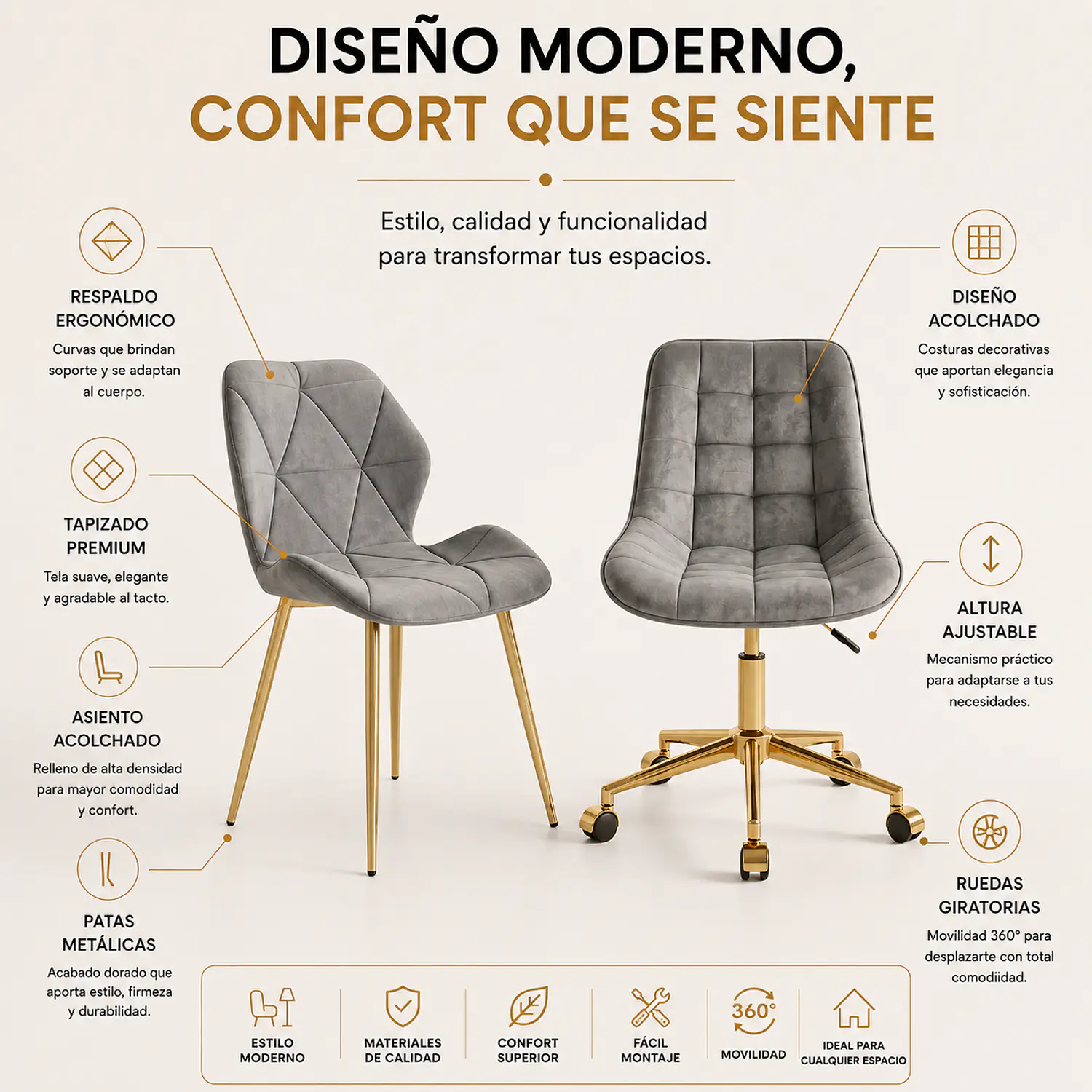 Set 2 Sillas Gold Gris Capitoné y Fiori Dorada Moderna 2