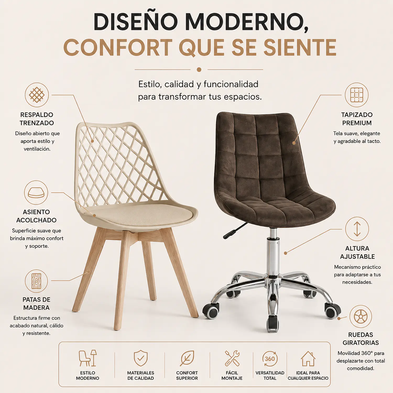 Set 2 Sillas Tulip Eco Cuero y Capitoné Felpa con Ruedas 2