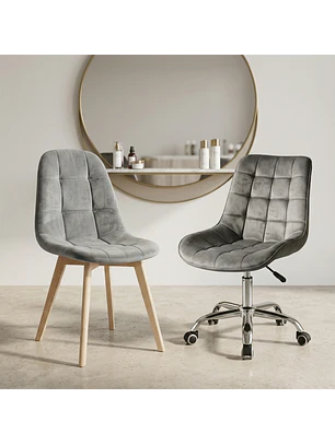 Set 2 Sillas Capitoné Felpa Gris con Ruedas y Patas de Madera