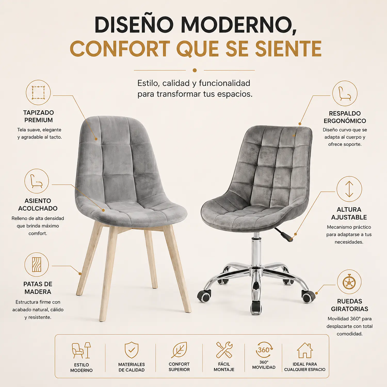 Set 2 Sillas Capitoné Felpa Gris con Ruedas y Patas de Madera 2