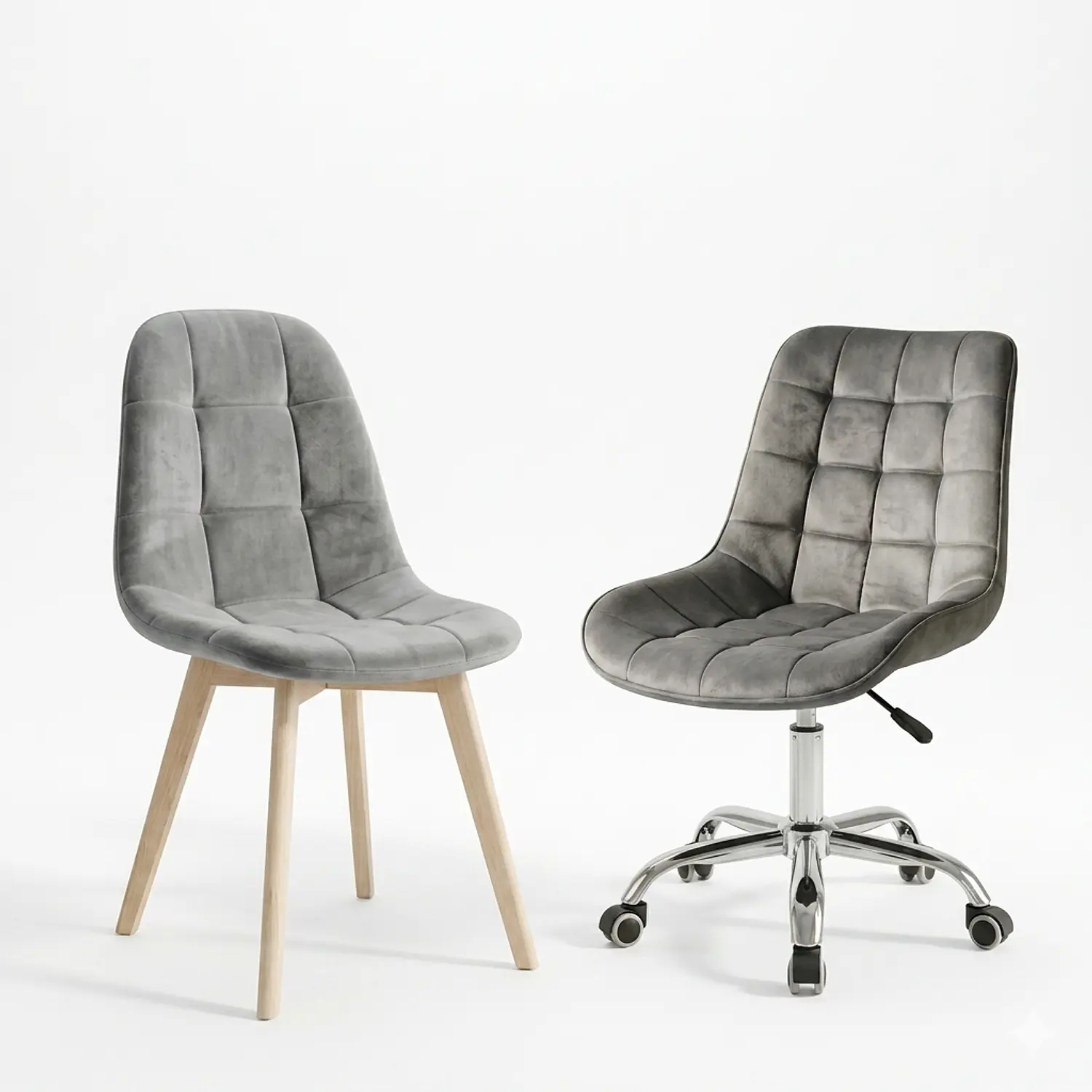 Set 2 Sillas Capitoné Felpa Gris con Ruedas y Patas de Madera 3
