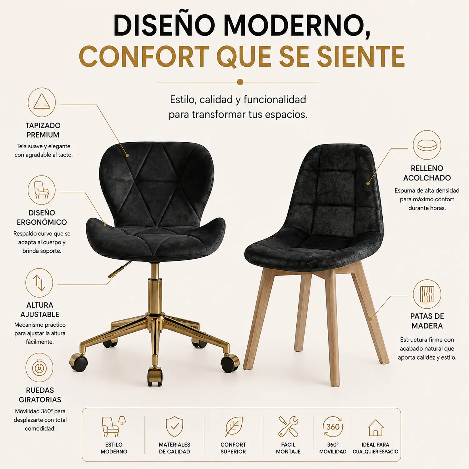 Set 2 Sillas Modernas Fiori Dorada y Capitoné Negra PU 2