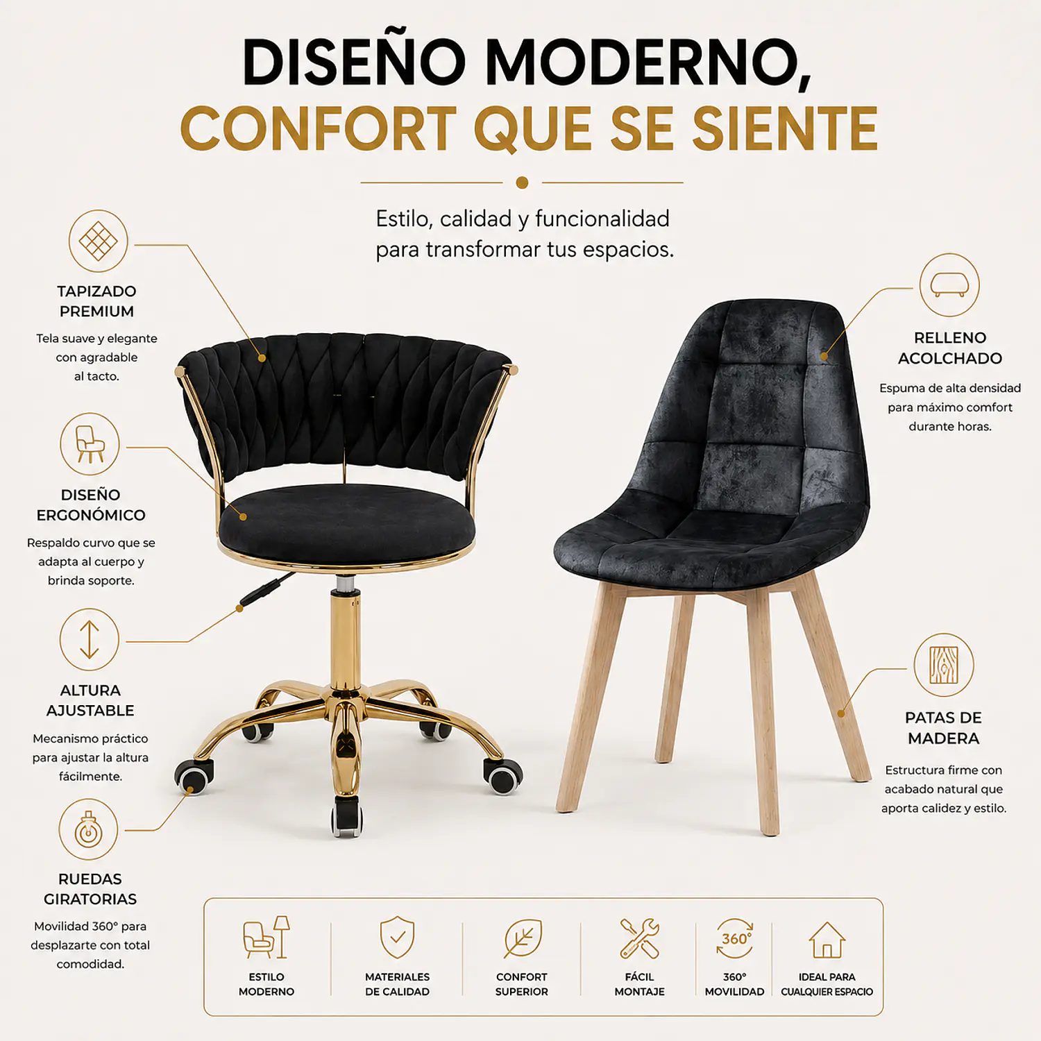 Set 2 Sillas Modernas Velvet Giratoria y Capitoné Negra 2