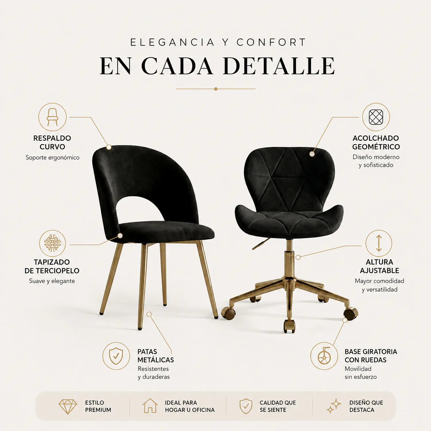 Set 2 Sillas Felpa Negra Doradas Fiori Radar y Viena 2