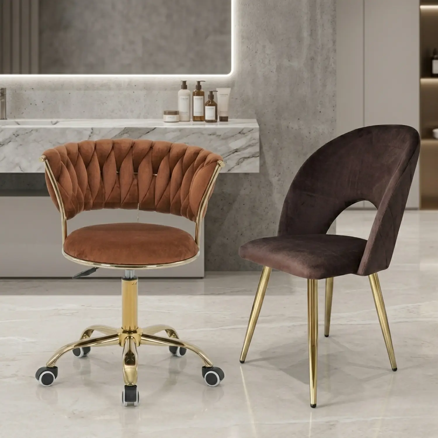 Set de 2 Sillas Velvet Giratoria Ajustable y Viena Dorada  1