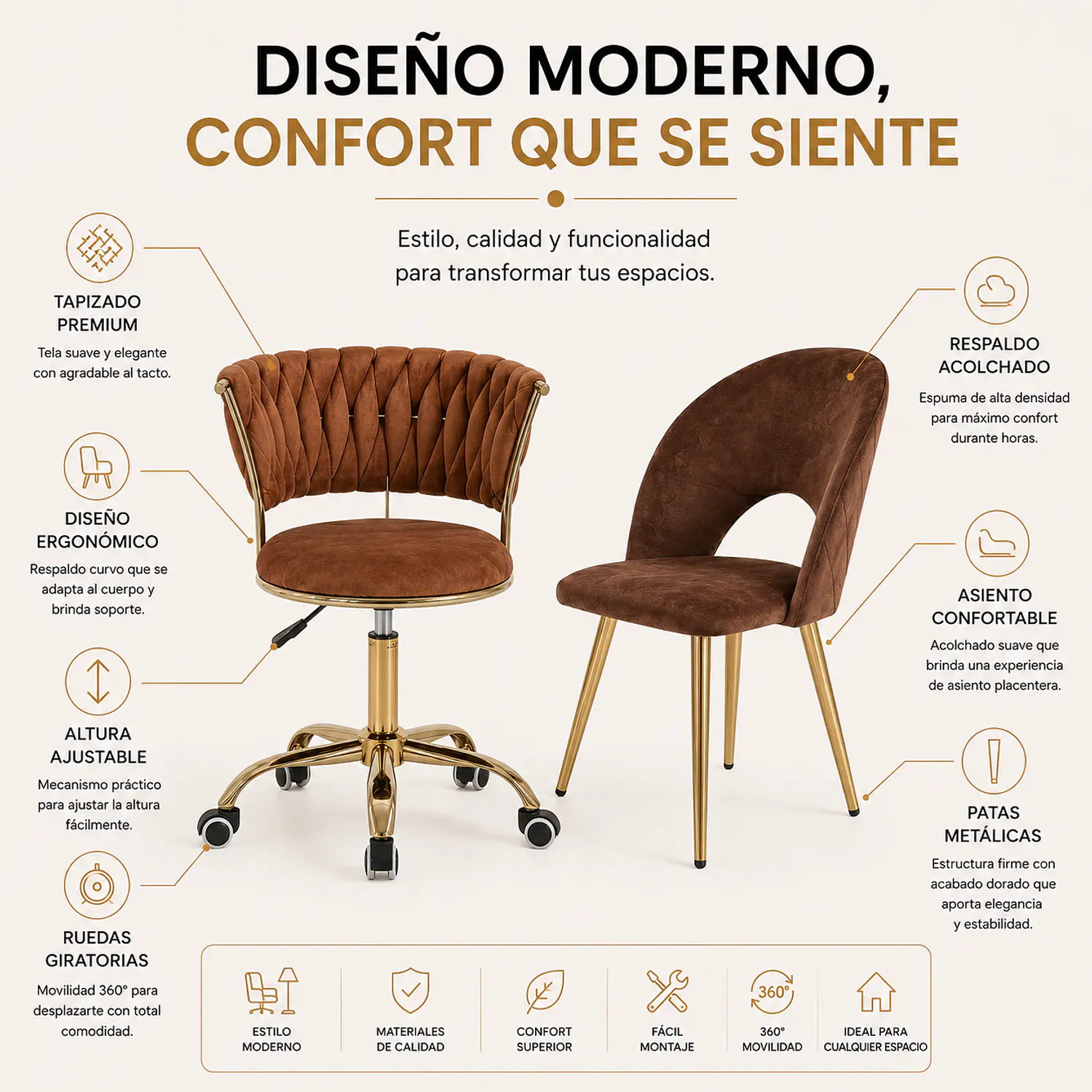 Set de 2 Sillas Velvet Giratoria Ajustable y Viena Dorada  2