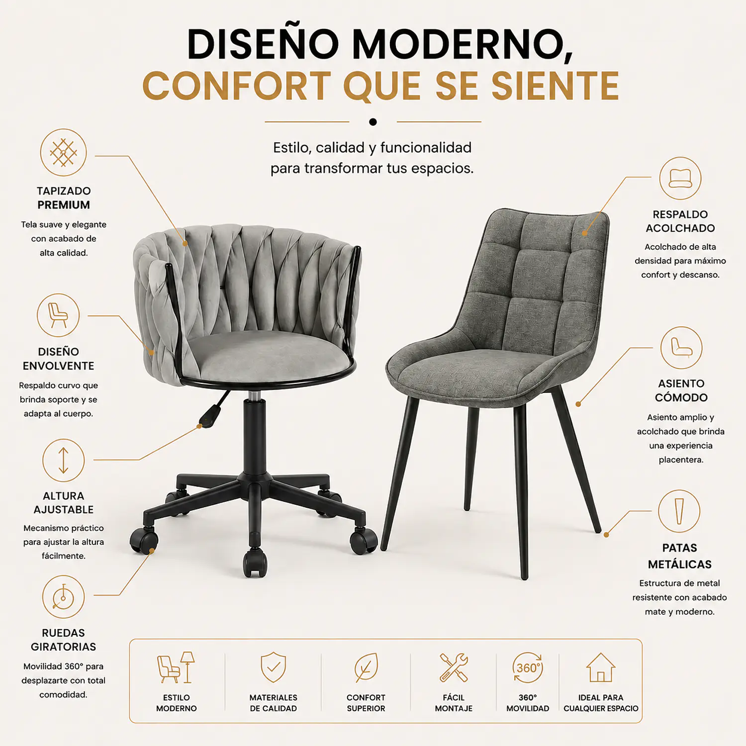 Set 2 Sillas Modernas Giratoria Felpa y Arpi Lino Gris Patas Negras 2