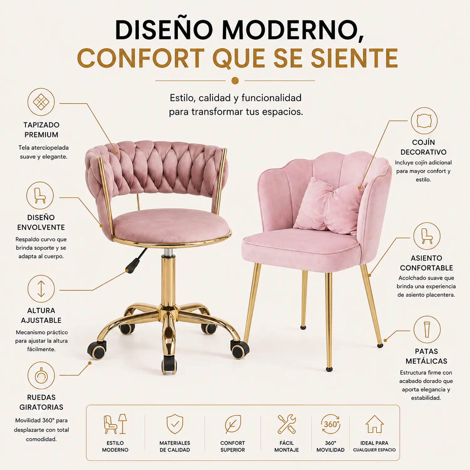 Set 2 Sillas Velvet Premium Giratoria y Decorativa con Cojín 2