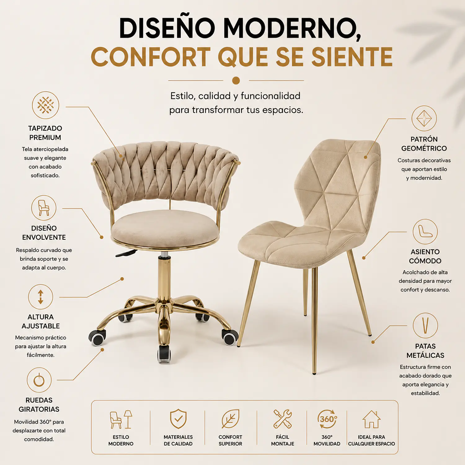 Set 2 Sillas Velvet Doradas Giratoria y Fiori Felpa Patas Doradas 2