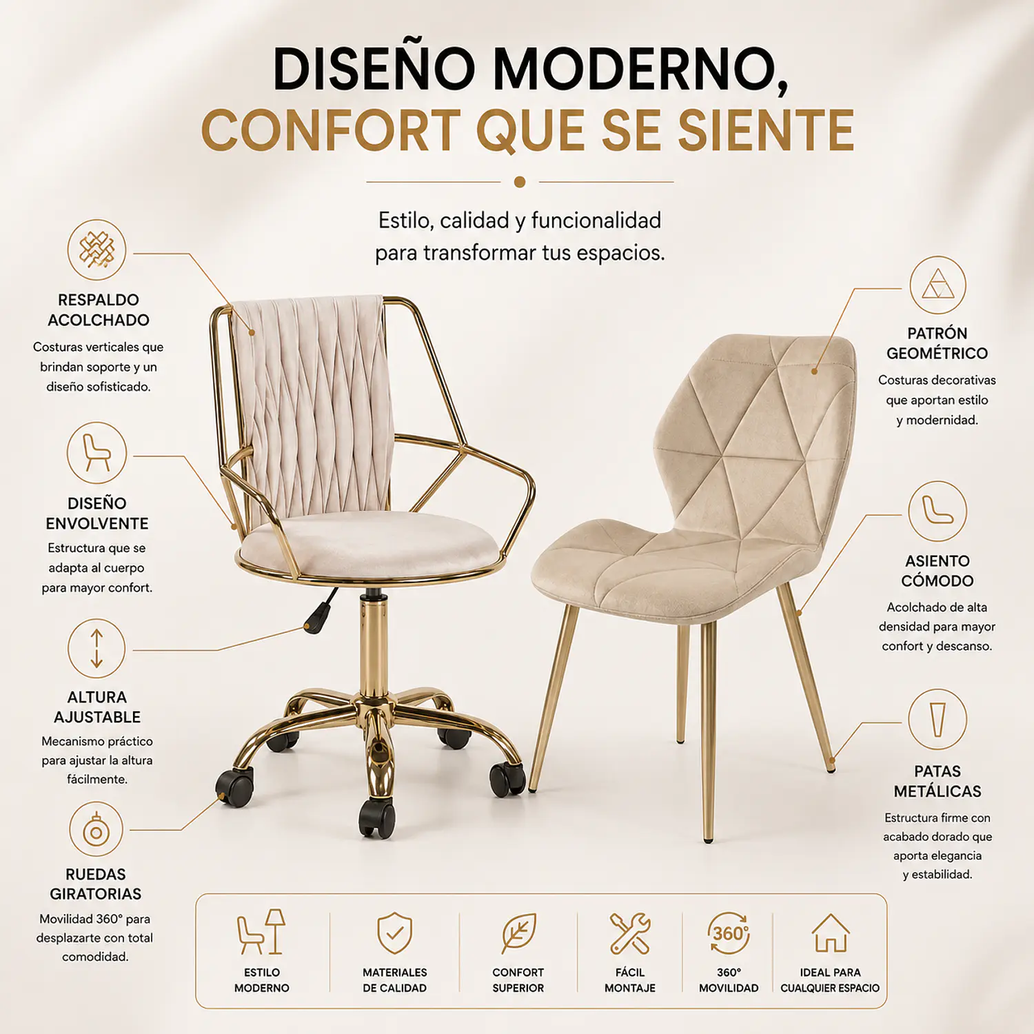 Set de 2 Sillas en Felpa con Ruedas y Fiori con Patas Doradas  2